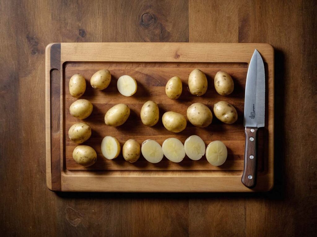 Halving baby potatoes on a wooden cutting board