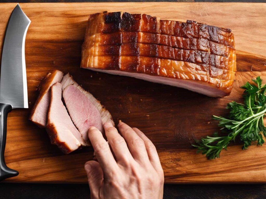 Slicing cooked pork belly on a cutting board