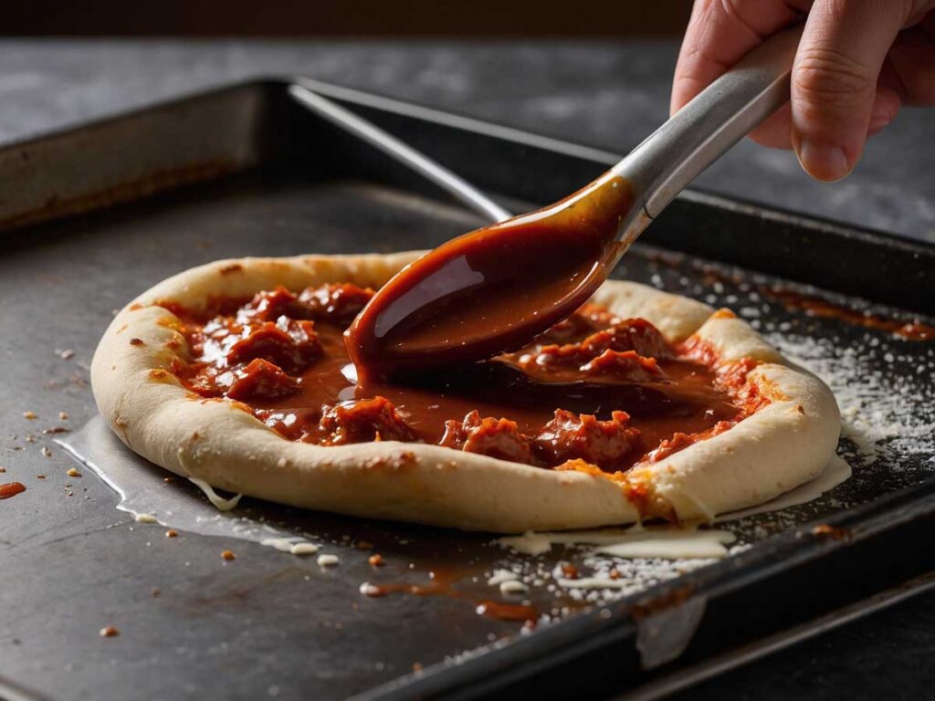 Spreading BBQ sauce on pizza dough