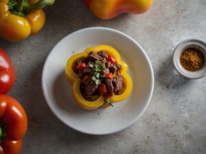 Filling bell peppers with steak and vegetable mix