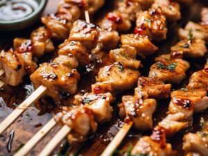 Marinated chicken strips threaded on wooden skewers