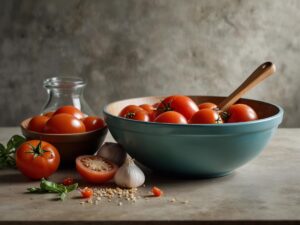 Fresh tomatoes, onions, and garlic prepped for roasting in air fryer