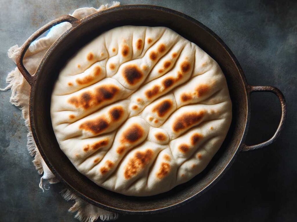 Pita bread warming in a pan