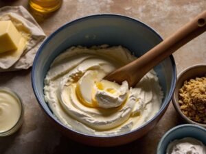 Combining wet and dry ingredients in bowl for muffins