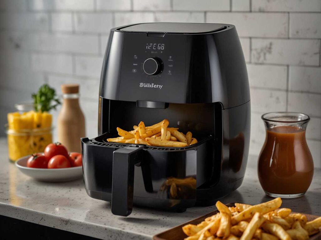 Compact 3.5 qt air fryer on a kitchen counter with food