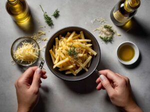 Adding truffle oil and Parmesan cheese to fries