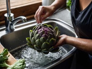 Cleaning artichokes under running water