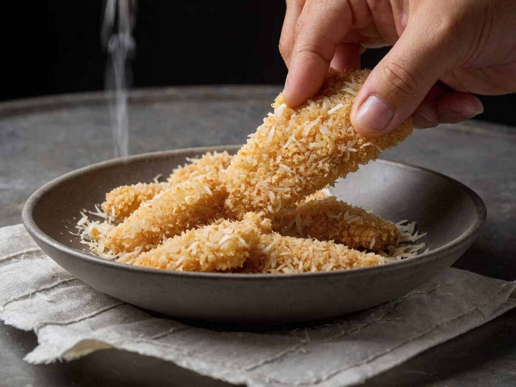 Coating chicken tenders with coconut and panko mixture