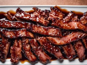 Fully cooked air fryer char siu pork strips on a plate