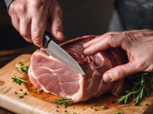 Making small slits in pork chops to prevent curling