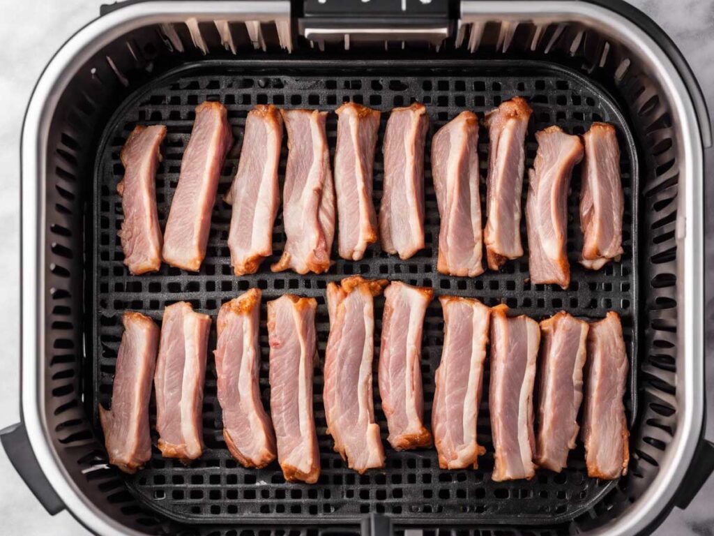 Marinated pork strips arranged in an air fryer basket