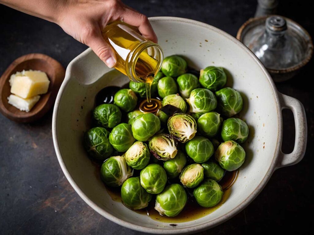 Mixing Brussels sprouts with olive oil, balsamic vinegar, honey, salt, and pepper.