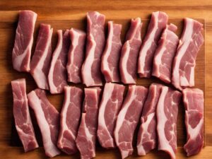 Prepared pork shoulder strips cut into 1-inch pieces on a cutting board