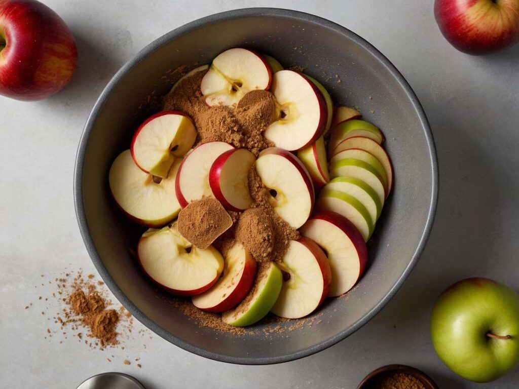 Seasoning apple slices with cinnamon and sugar in a mixing bowl