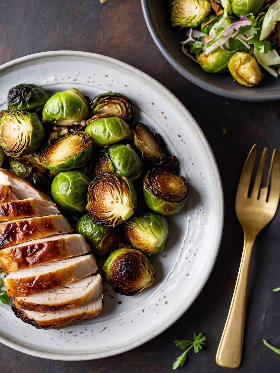 Serving crispy honey balsamic Brussels sprouts.