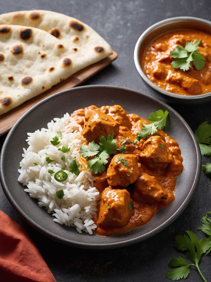 Chicken tikka masala served with naan and rice, garnished with cilantro.