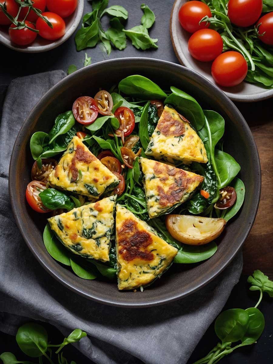 Serving air fryer spinach frittata with salad and roasted potatoes