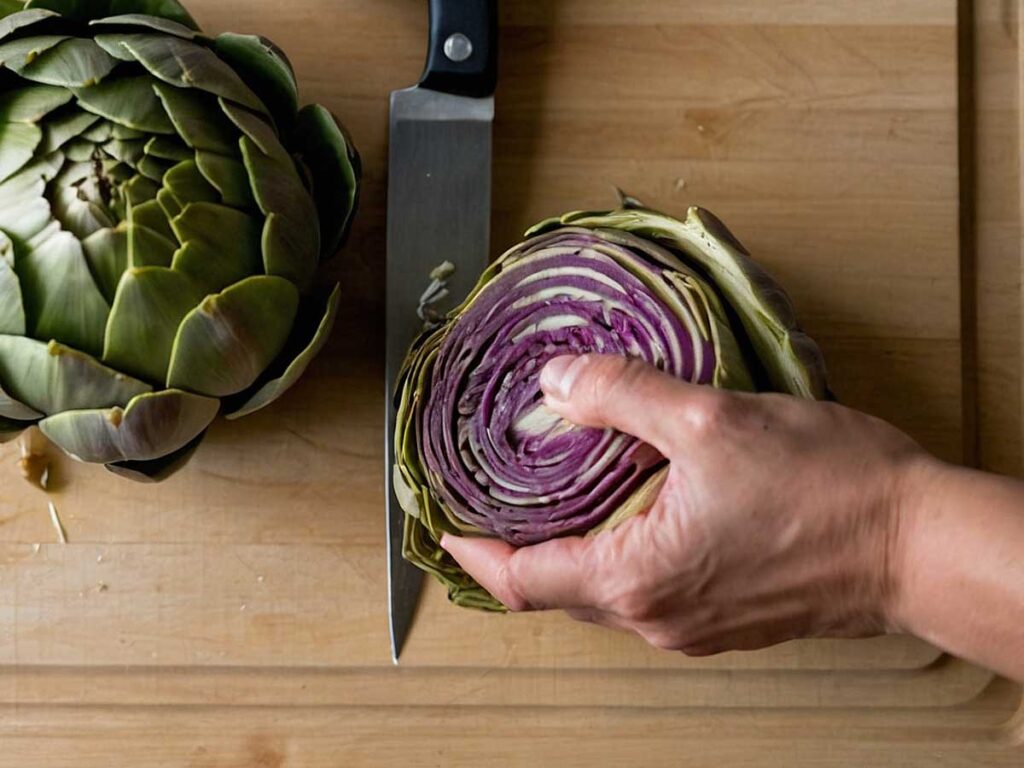 Slicing artichokes in half lengthwise