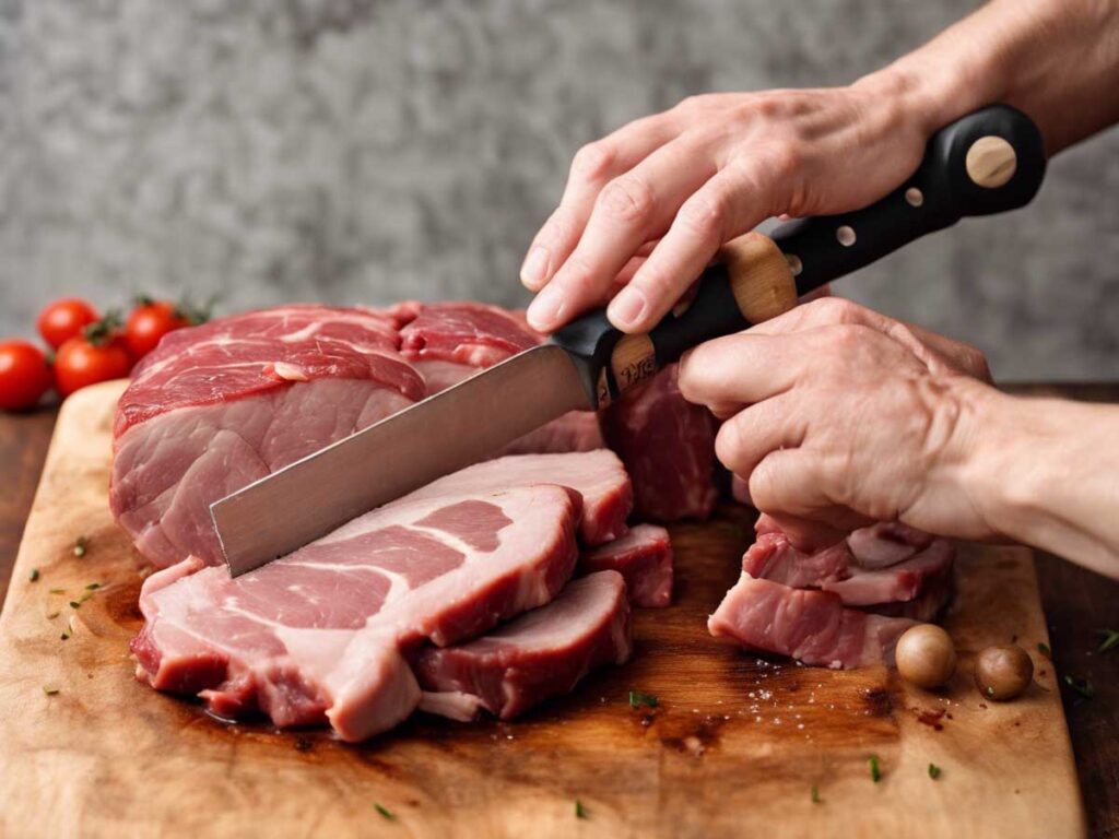 Tenderizing pork chops with a meat mallet