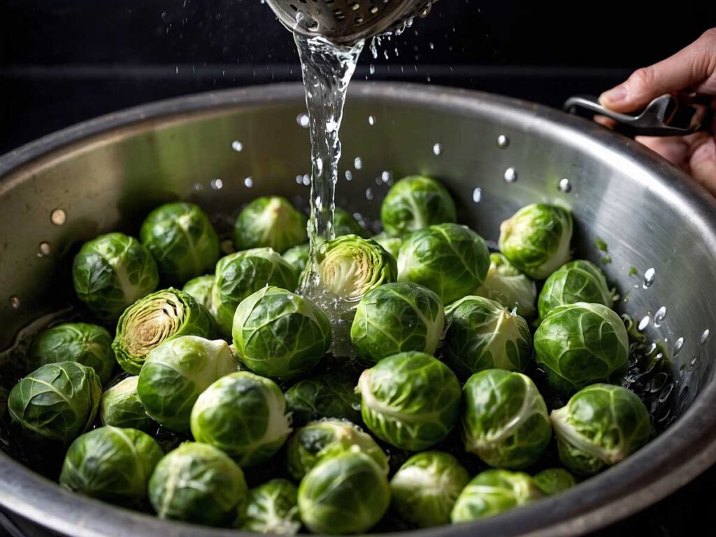 Washing Brussels sprouts in a colander under cold water.