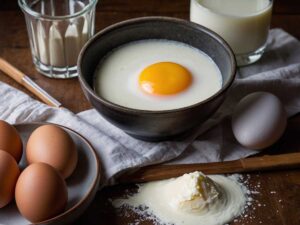 Whisking eggs and milk in a mixing bowl