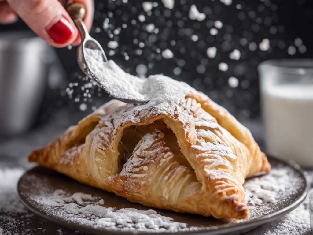 Sprinkling powdered sugar on a cooked apple turnover.