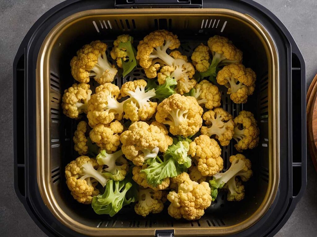 Marinated cauliflower florets arranged in an air fryer basket