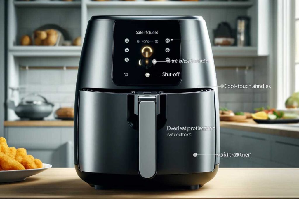 Air fryer safety features including automatic shut-off and cool-touch handles