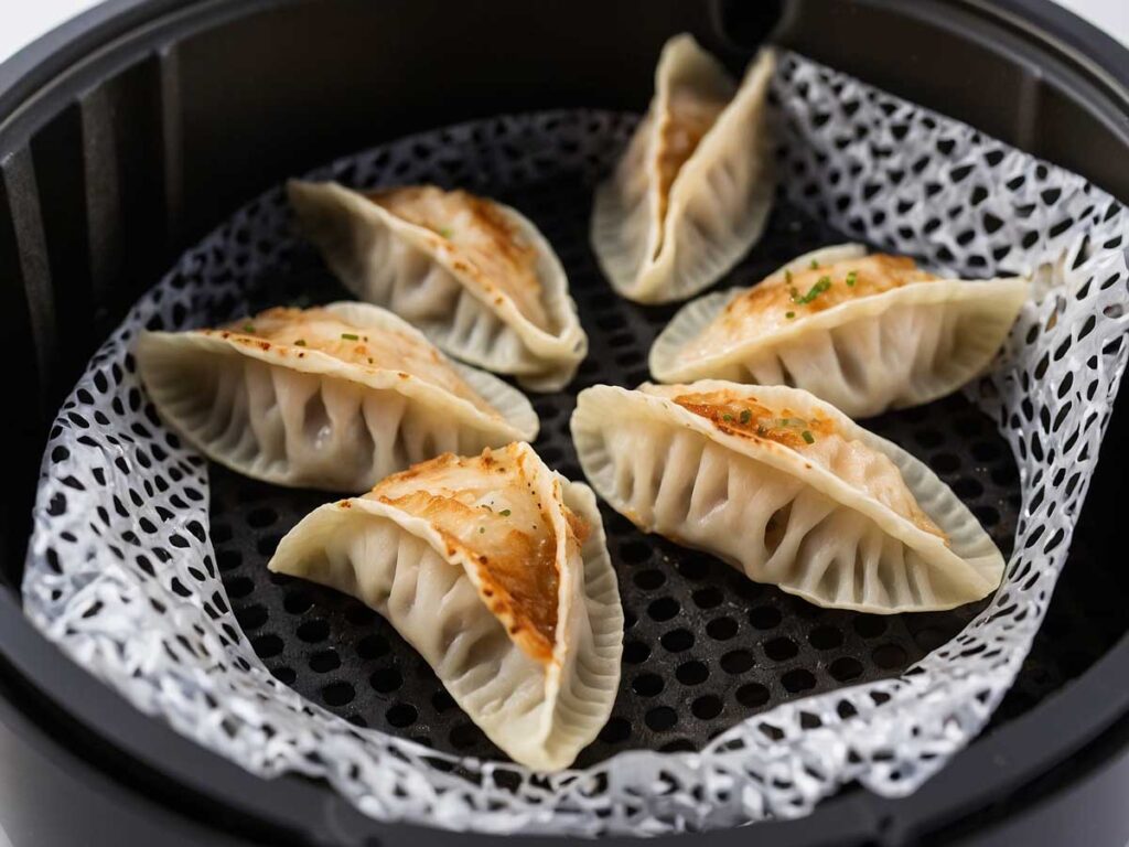 Arranging frozen gyoza in a single layer in the air fryer basket
