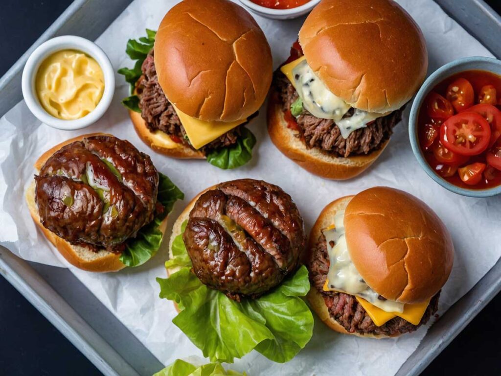 Assembling air fried beef sliders with buns and toppings