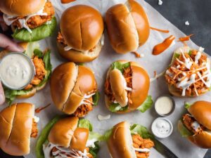 Assembling buffalo chicken sliders with crispy chicken, buffalo sauce, and toppings