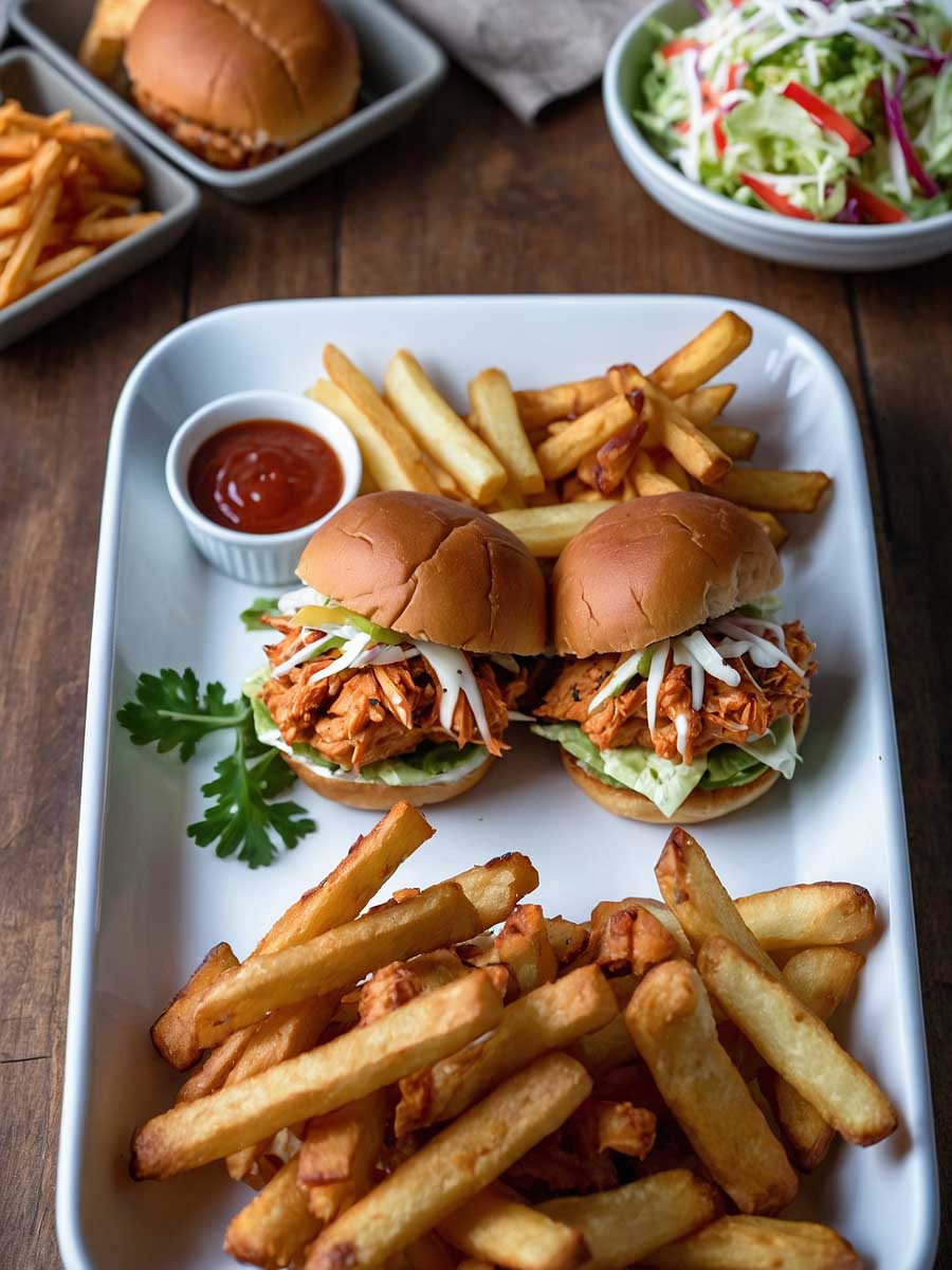 Air fryer buffalo chicken sliders served with French fries, coleslaw, and a simple salad