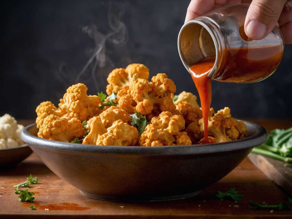 Coating air-fried cauliflower in buffalo sauce