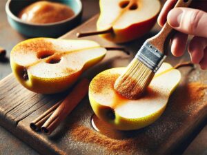 Coating pear halves with cinnamon-sugar mixture