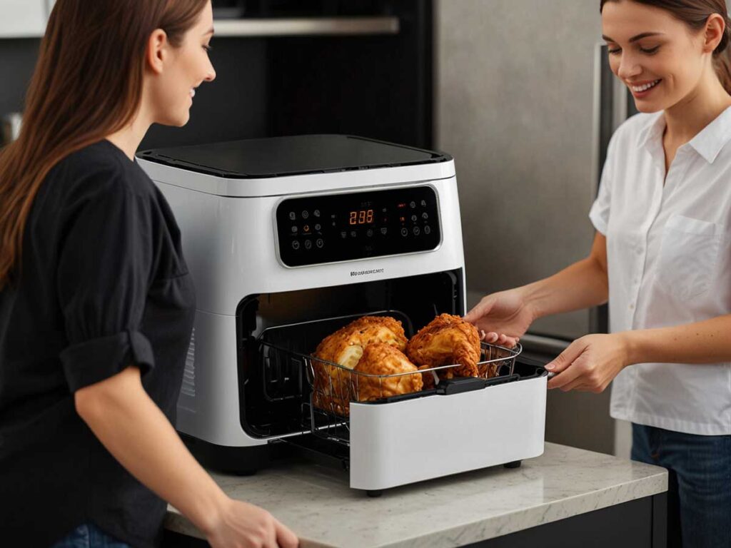 Air fryer parts separated for easy cleaning, showing non-stick surfaces and dishwasher-safe components.