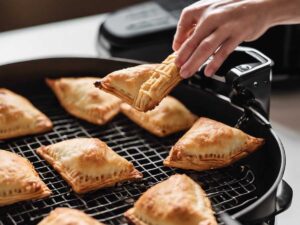Flipping the apple turnovers halfway through cooking with tongs.
