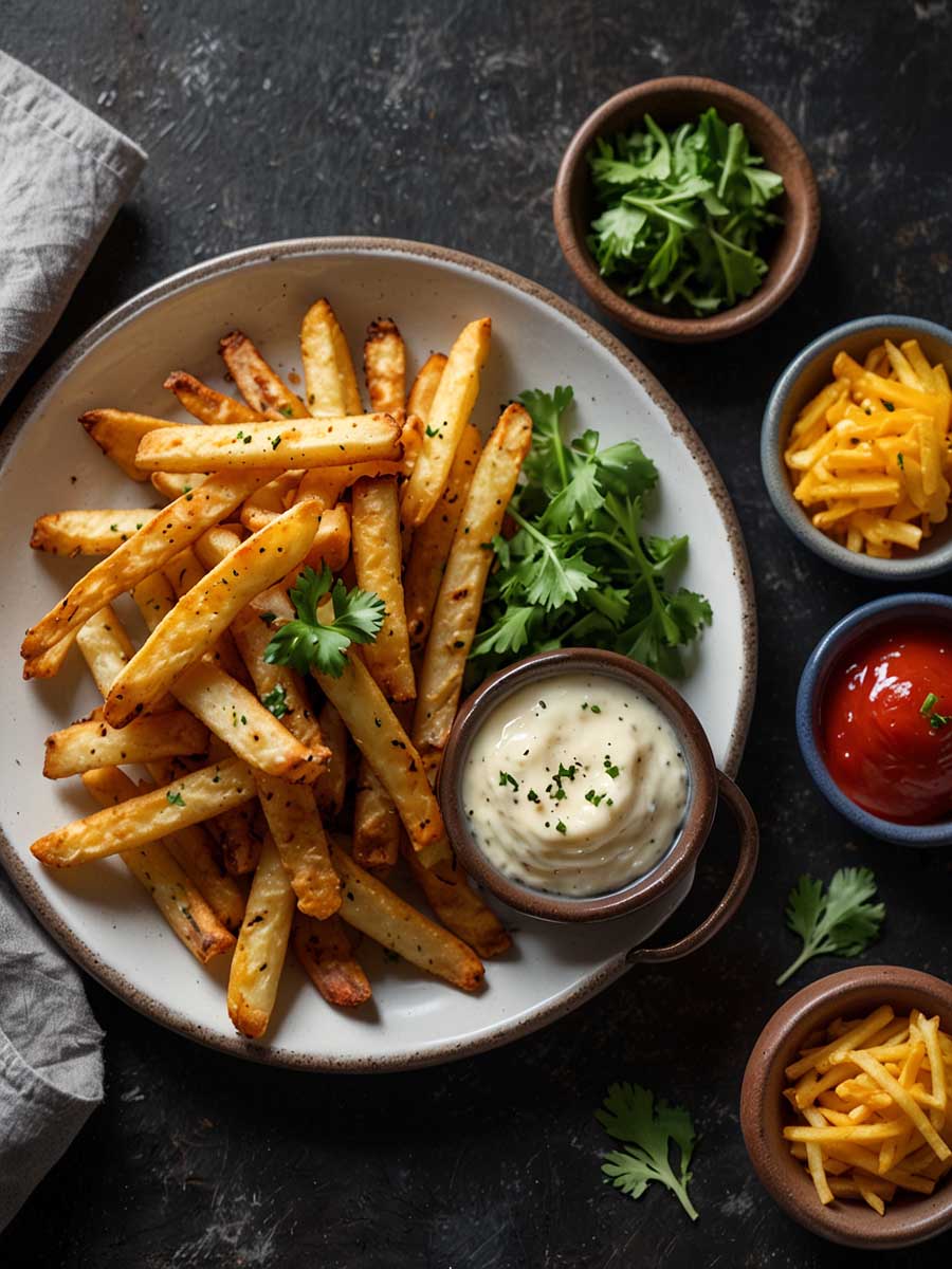 Garnishing Parmesan truffle fries with parsley and serving