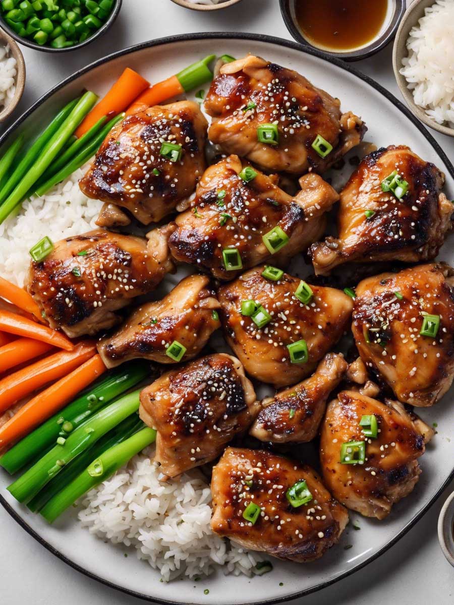 Korean BBQ chicken garnished with green onions and sesame seeds
