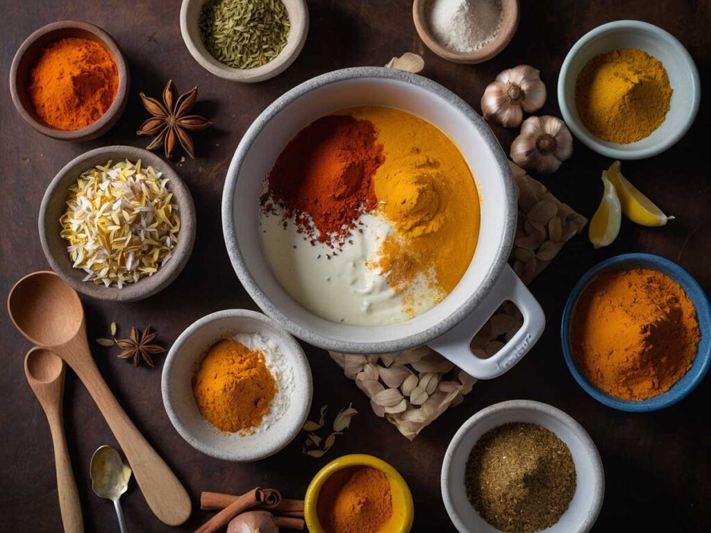 Combining spices and yogurt to make a tandoori marinade in a mixing bowl