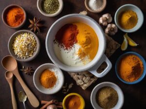 Combining spices and yogurt to make a tandoori marinade in a mixing bowl