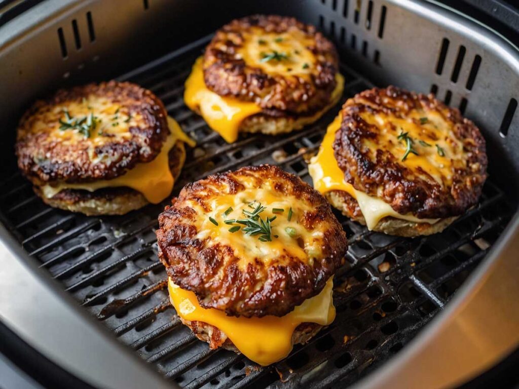 Adding cheese to cooked slider patties in air fryer