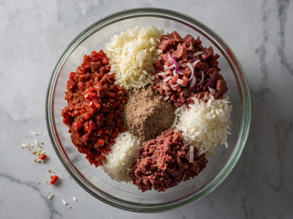  Mixing ground beef with seasonings