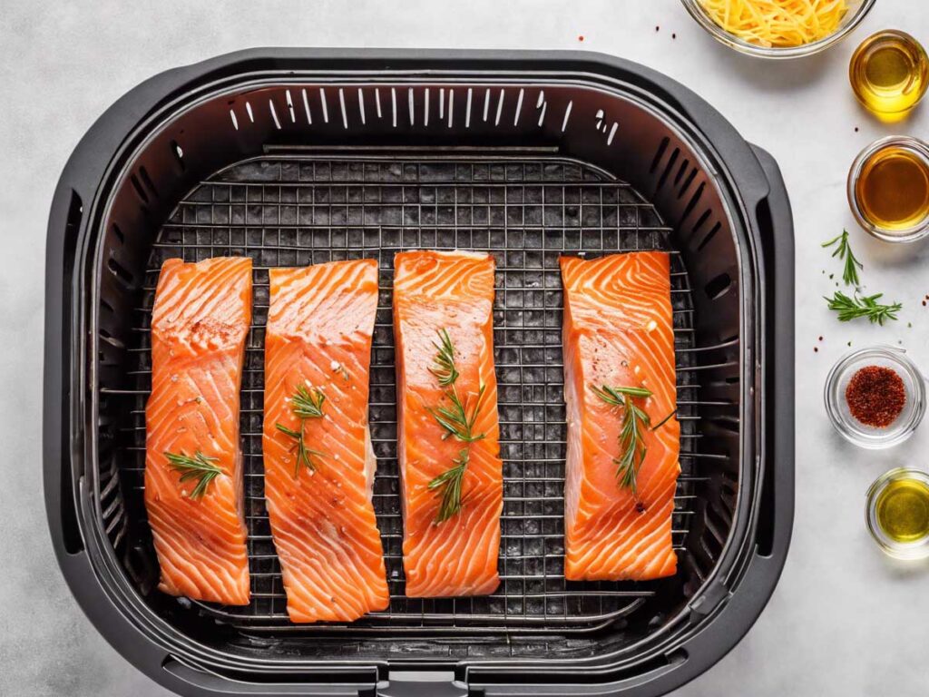 Marinated salmon fillets being placed into an air fryer basket