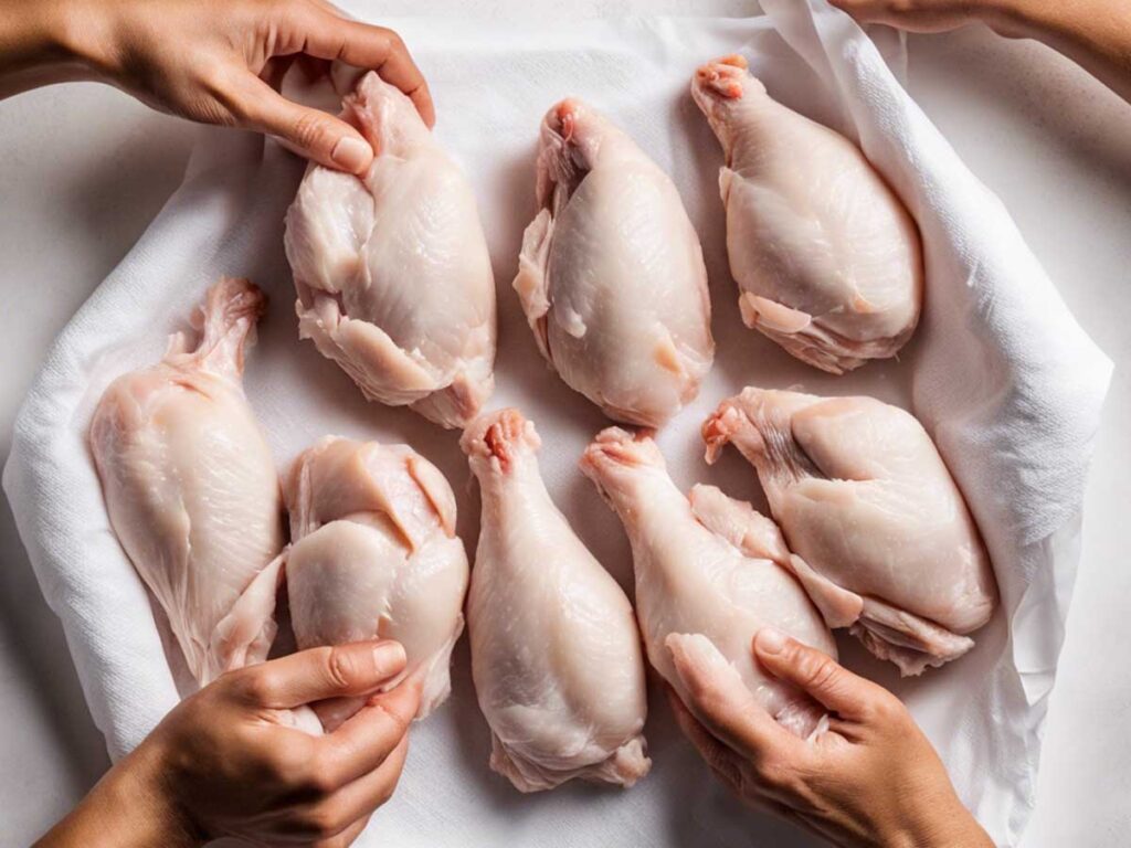 Patting raw chicken drumsticks dry with paper towels