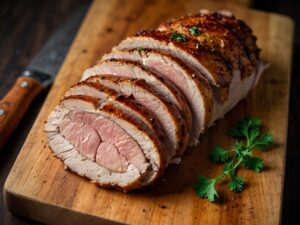 Stuffed pork tenderloin resting on a cutting board