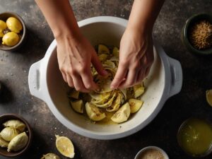 Coating artichokes with olive oil, garlic powder, salt, pepper, and lemon juice