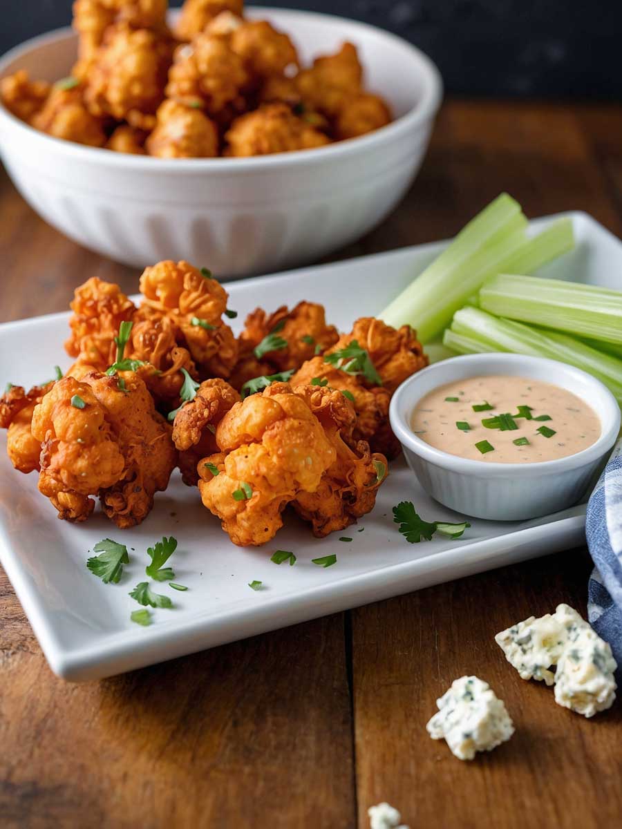 Serving air fryer buffalo cauliflower bites with sides