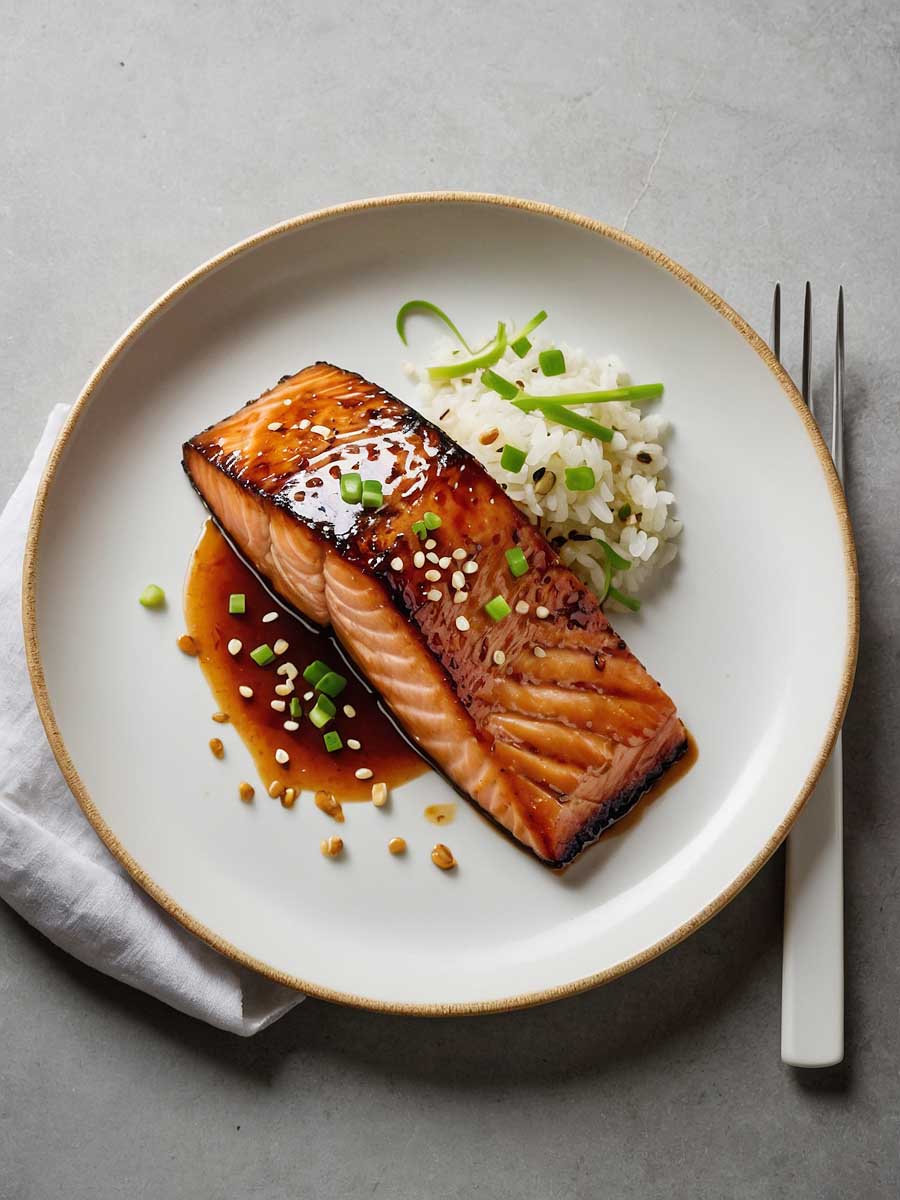 Cooked miso glazed salmon garnished with sesame seeds and green onions on a plate