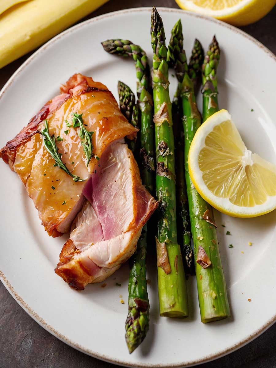 serving air fried prosciutto wrapped asparagus