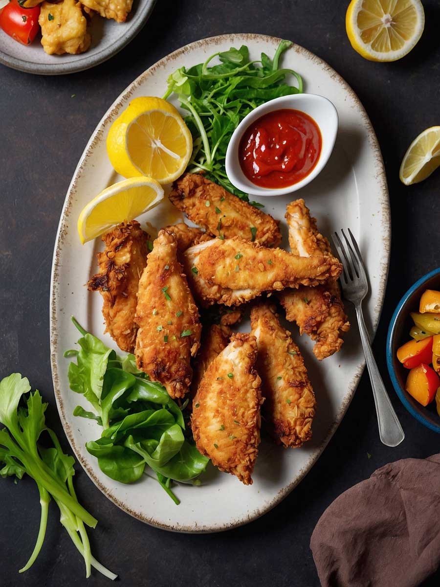 Plate of air fryer coconut chicken tenders with sides and dipping sauce